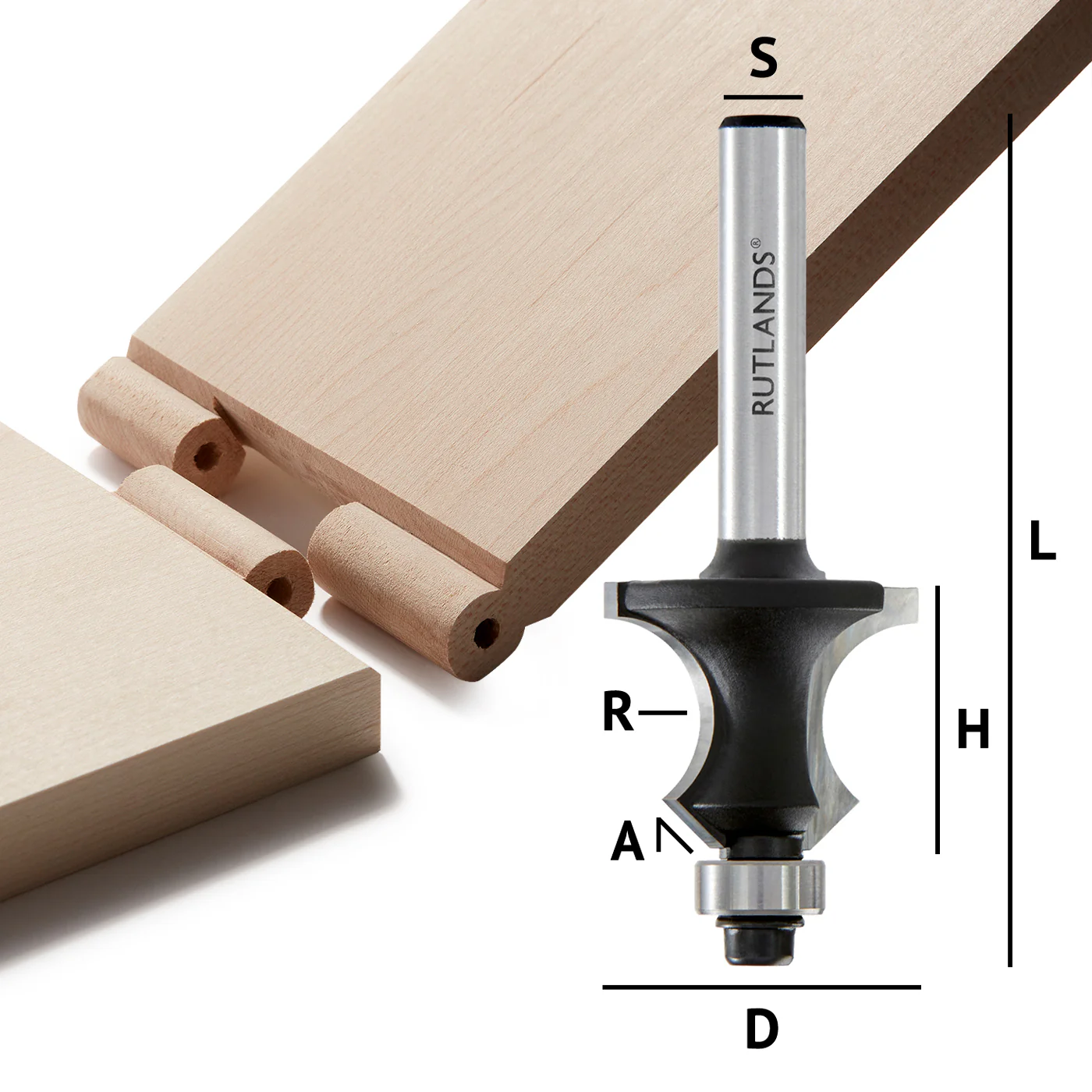 Router Bit - Knuckle Joint - D=23.8mm H=19mm A=45° R=7.14mm L=62mm S=1/4"