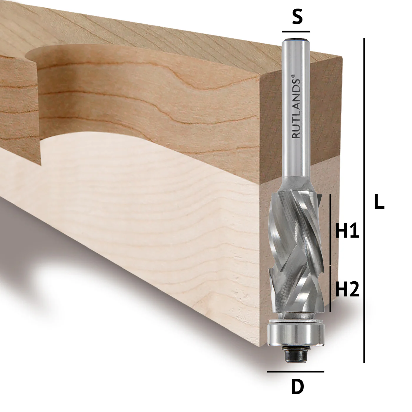 Solid Carbide Router Bit - Spiral Compression Bottom Bearing - D=12.7mm H1=16mm H2=9.5mm L=71mm S=1/4"