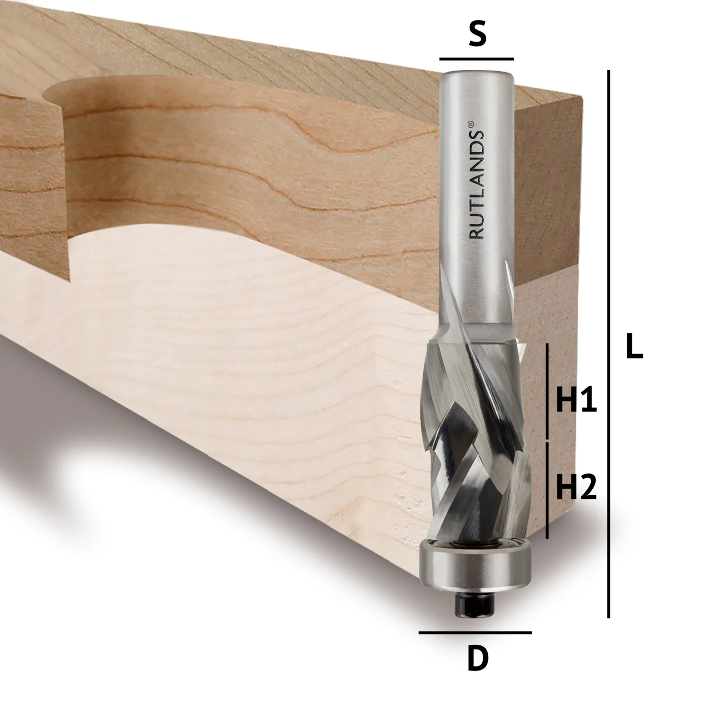 Solid Carbide Router Bit - Spiral Compression Bottom Bearing - D=19mm H1=16mm H2=16mm L=78mm S=1/2"